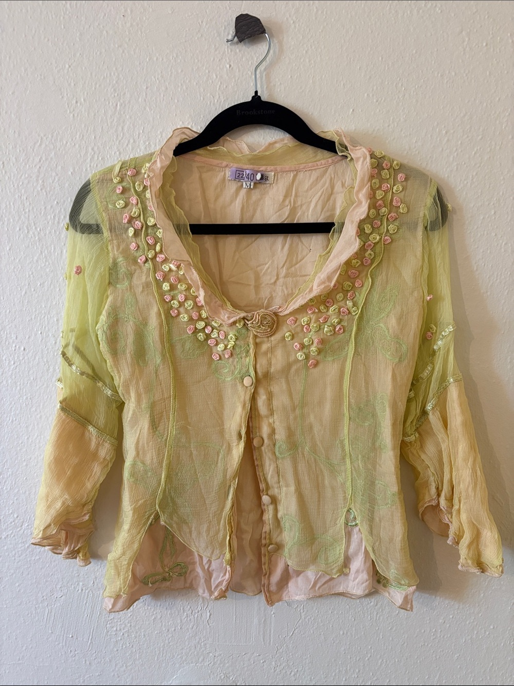Vintage Pale Yellow Flower Embroidered Sheer Button-Front Women's Top